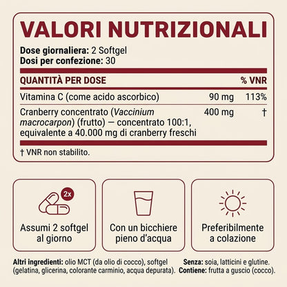 Cranberry Concentrato in Softgel (40.000 mg*) – Integratore per le Vie Urinarie